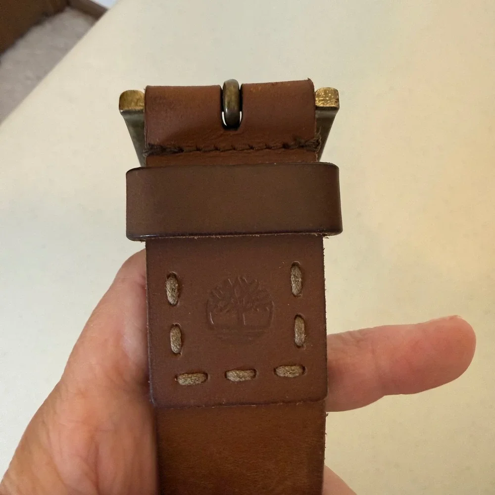 Timberland Mens Leather Belt 40 Brown Rugged Brass Buckle Casual Stitch Detail